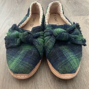 TOMS Green and Navy Plaid Slip-Ons
